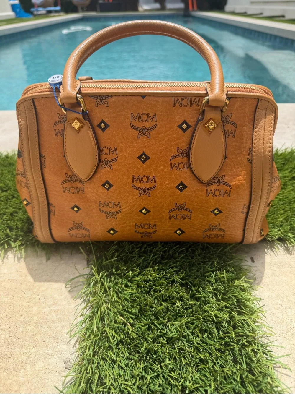 MCM Logo Mini Boston 2Way Shoulder Bag Studs Cognac Brown Auth